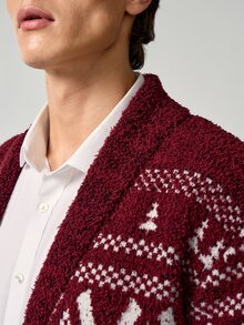 Claim Dot 男士长袖休闲几何图案披肩领单排扣开衫，秋冬圣诞男士针织衫，非常适合情侣穿着，也是送给男友或丈夫的绝佳礼物。红色情侣款 - 彩色 - 查看 6