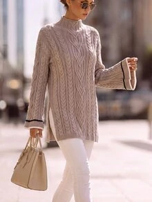 Wandoria Women's Autumn New Single Piece Semi-High Neck Classic Rope Pattern Side Slit Design Unique Fashion Elegant Lady Slim Fit Daily Commute Knit Pullover Long Sleeve Sweater - Khaki - View 5