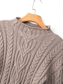 Wandoria Women's Autumn New Single Piece Semi-High Neck Classic Rope Pattern Side Slit Design Unique Fashion Elegant Lady Slim Fit Daily Commute Knit Pullover Long Sleeve Sweater - Khaki - View 7