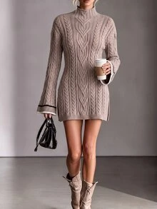 Wandoria Women's Autumn New Single Piece Semi-High Neck Classic Rope Pattern Side Slit Design Unique Fashion Elegant Lady Slim Fit Daily Commute Knit Pullover Long Sleeve Sweater - Khaki - View 3
