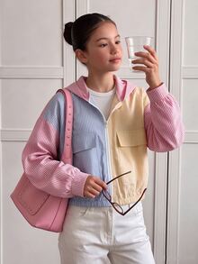 SHEIN 青少年女孩秋季白色長袖對比色拼接連帽拉鍊夾克，休閒圖案可愛酷感返校校外穿搭外套 - 彩色 - 查看 5