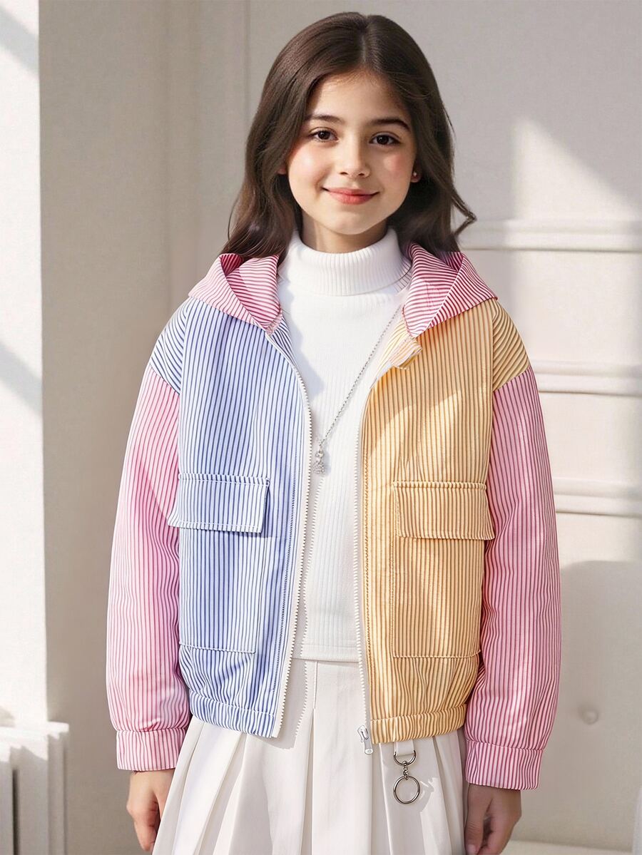 SHEIN 青少年女孩秋季白色長袖對比色拼接連帽拉鍊夾克,休閒圖案可愛酷感返校校外穿搭外套 - 彩色 - 查看 1