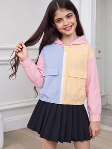 SHEIN 青少年女孩秋季白色長袖對比色拼接連帽拉鍊夾克，休閒圖案可愛酷感返校校外穿搭外套 - 彩色 - 查看 4