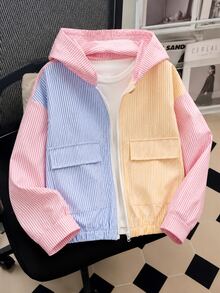 SHEIN 青少年女孩秋季白色長袖對比色拼接連帽拉鍊夾克，休閒圖案可愛酷感返校校外穿搭外套 - 彩色 - 查看 3
