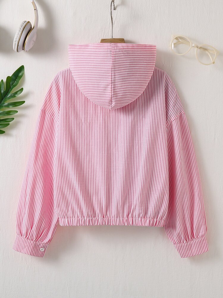 SHEIN Tween Girls Fall Clothes Pink Long Sleeve Contrast Color Patchwork Hooded Zip Up Jacket Autumn Casual Graphic Cute Cool Girl Back To School Off Campus - Multicolor - View 2