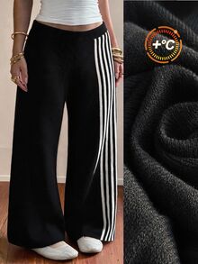 Comfortcana Plus Size Casual Striped Colorblock Loose Sweater Pants - Black - View 5