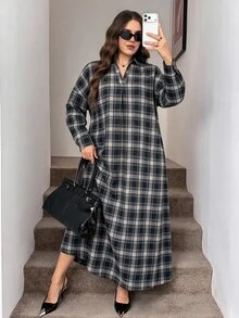 Comfylo 大尺碼女款格紋休閒膠囊衣櫥傳統日常秋季感恩節洋裝 正式外出生日度假棕色 - 彩色 - 查看 3