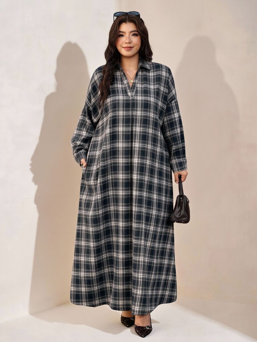 Comfylo 大尺碼女款格紋休閒膠囊衣櫥傳統日常秋季感恩節洋裝 正式外出生日度假棕色 - 彩色 - 查看 1