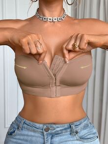 SHEIN Sujetador con cierre delantero acolchado y push up, fácil de usar - Marrón Mocha - Ver 2