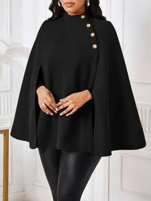 SHEIN Lady Chic Women's Black And Gold Stand Collar Cape Blazer Button Detail Warm Skin Friendly Fabric Perfect For Layering In Fall Office Dinner Elegant - Black - View 6