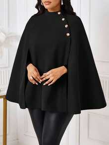 SHEIN Lady Chic Women's Black And Gold Stand Collar Cape Blazer Button Detail Warm Skin Friendly Fabric Perfect For Layering In Fall Office Dinner Elegant - Black - View 3