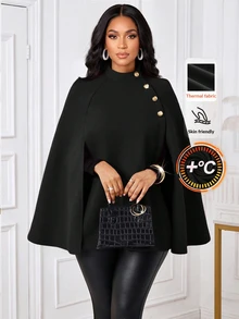 SHEIN Lady Chic Women's Black And Gold Stand Collar Cape Blazer Button Detail Warm Skin Friendly Fabric Perfect For Layering In Fall Office Dinner Elegant - Black - View 1
