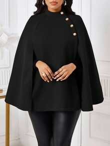 SHEIN Lady Chic Women's Black And Gold Stand Collar Cape Blazer Button Detail Warm Skin Friendly Fabric Perfect For Layering In Fall Office Dinner Elegant - Black - View 4