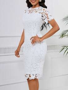 SHEIN Lady Ladies' Solid Color Elegant Lace Dress - White - View 5