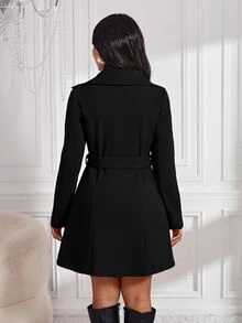 SHEIN Lady 秋冬卡其色翻領羊毛大衣 優雅女款秋季風衣 - 黑色 - 查看 2