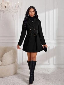 SHEIN Lady 秋冬卡其色翻領羊毛大衣 優雅女款秋季風衣 - 黑色 - 查看 1