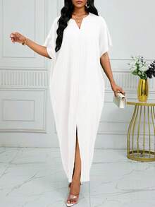 SHEIN Lady Autumn And Winter Notched Neck Batwing Sleeve Kaftan Dress - White - View 4