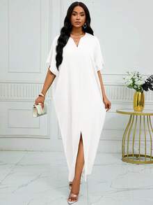 SHEIN Lady Autumn And Winter Notched Neck Batwing Sleeve Kaftan Dress - White - View 6