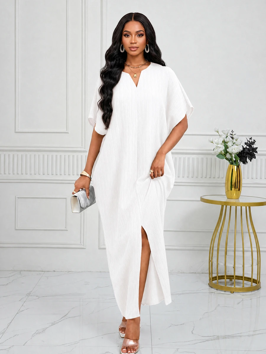 SHEIN Lady Autumn And Winter Notched Neck Batwing Sleeve Kaftan Dress - White - View 1