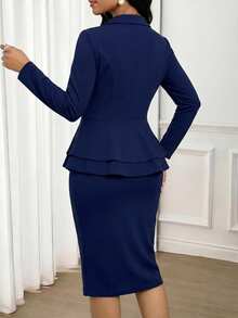 SHEIN Lady Women's Navy Blue Lapel Long Sleeve Button Peplum Blazer Pencil Midi Skirt Elegant Matching Two Pieces Set Formal Office Work Party Wedding Guest - Navy Blue - View 2