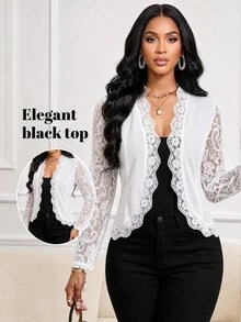 SHEIN Lady Women's Elegant Solid Color Lace Patchwork Lightweight Jacket Wedding Dinner Night Party Date All White Autumn Wedding - White - View 1