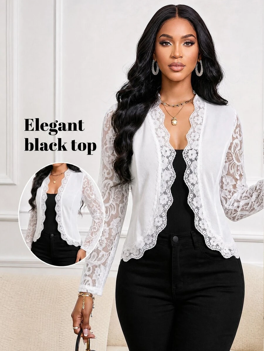 SHEIN Lady Women's Elegant Solid Color Lace Patchwork Lightweight Jacket Wedding Dinner Night Party Date All White Autumn Wedding - White - View 1