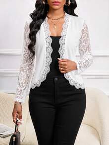SHEIN Lady Women's Elegant Solid Color Lace Patchwork Lightweight Jacket Wedding Dinner Night Party Date All White Autumn Wedding - White - View 3