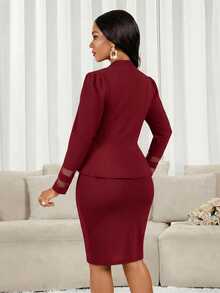 SHEIN Lady 女款商務專業優雅休閒套裝，適合辦公室通勤與外出穿搭，秋季套裝，酒紅色，聖誕風格 - 酒紅色 - 查看 2