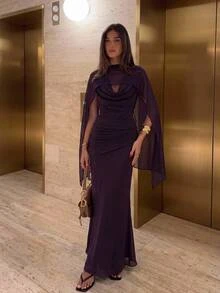 Aloruh Gaun Elegan Wanita Warna Polos dengan Kerah Model Cowl dan Hem Model Fishtail - Purple - View 4