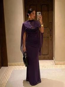 Aloruh Gaun Elegan Wanita Warna Polos dengan Kerah Model Cowl dan Hem Model Fishtail - Purple - View 2
