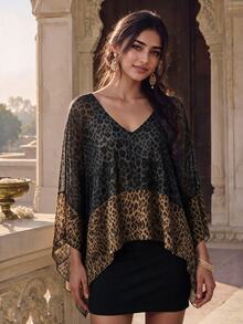 Pensoire Pensoire Leopard Print Patchwork V-Neck Chic Fashionable Versatile Top Suitable For Dates, Vacations, Parties, Daily Outings, Gatherings, Outdoor Activities - Black - View 1