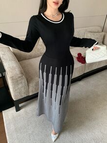 Seusyu Women's Striped Round Neck Long Sleeve Elegant Knit Dress - Black and White - View 7