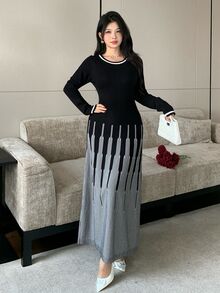 Seusyu Women's Striped Round Neck Long Sleeve Elegant Knit Dress - Black and White - View 4