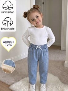 SHEIN Young Girls' Baby Blue Fleece-Lined Jeans Soft Warm And Bow-Accented Casual Cowboy Cowgirl Style Perfect For Back-To-School Spring FALL Autumn Winter - Medium Wash - View 6