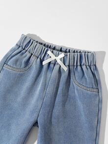 SHEIN Young Girls' Baby Blue Fleece-Lined Jeans Soft Warm And Bow-Accented Casual Cowboy Cowgirl Style Perfect For Back-To-School Spring FALL Autumn Winter - Medium Wash - View 5