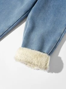 SHEIN Young Girls' Baby Blue Fleece-Lined Jeans Soft Warm And Bow-Accented Casual Cowboy Cowgirl Style Perfect For Back-To-School Spring FALL Autumn Winter - Medium Wash - View 4