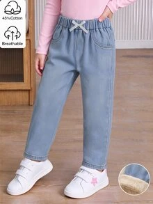 SHEIN Young Girls' Baby Blue Fleece-Lined Jeans Soft Warm And Bow-Accented Casual Cowboy Cowgirl Style Perfect For Back-To-School Spring FALL Autumn Winter - Medium Wash - View 7