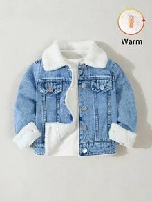 SHEIN 男童牛仔夾克，秋季/新品上市，淺藍水洗，寬鬆版型，抓絨內裡設計適合穿著，時尚百搭，2026新款 - 中等水洗藍 - 查看 9