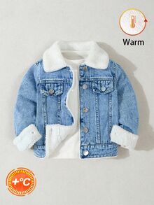 SHEIN 男童牛仔夾克，秋季/新品上市，淺藍水洗，寬鬆版型，抓絨內裡設計適合穿著，時尚百搭，2026新款 - 中等水洗藍 - 查看 1