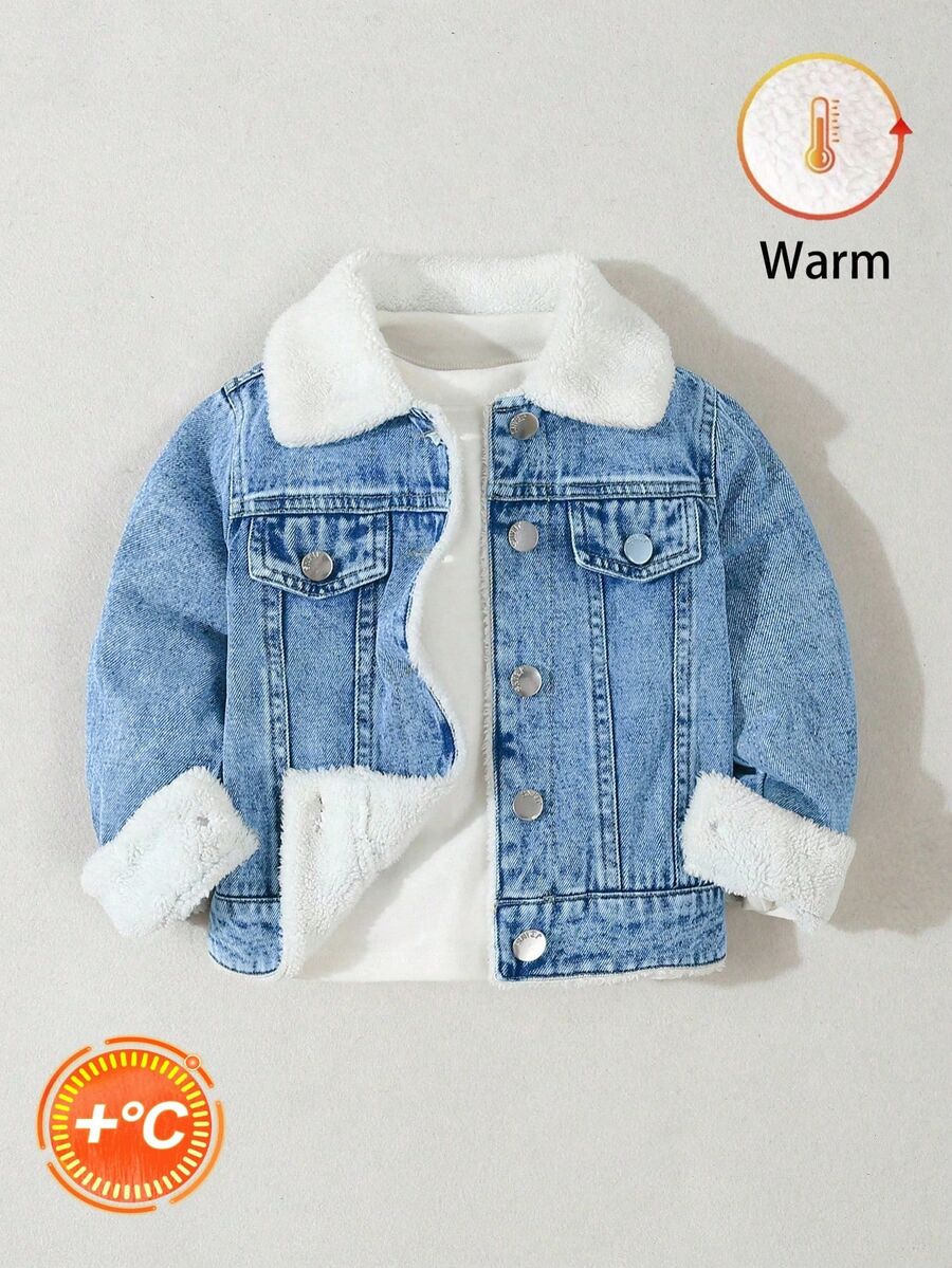 SHEIN 男童牛仔夾克,秋季/新品上市,淺藍水洗,寬鬆版型,抓絨內裡設計適合穿著,時尚百搭,2026新款 - 中等水洗藍 - 查看 1