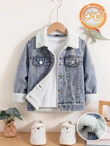 SHEIN Áo khoác denim cho bé trai, hàng mới về mùa thu, màu xanh baby wash, dáng rộng, lót nỉ, thời trang đơn giản đa năng, phong cách cowboy, mặc hàng ngày - Rửa trung bình - Xem 2