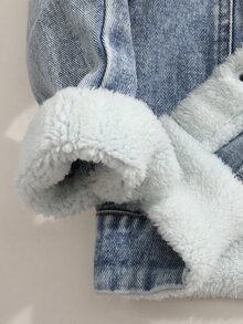 SHEIN Áo khoác denim cho bé trai, hàng mới về mùa thu, màu xanh baby wash, dáng rộng, lót nỉ, thời trang đơn giản đa năng, phong cách cowboy, mặc hàng ngày - Rửa trung bình - Xem 5