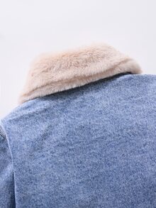 女童牛仔套裝，秋冬新款休閒可愛淺藍色牛仔水洗磨損效果抓絨飾邊下擺單排金屬鈕扣寬鬆短版抓絨牛仔外套貼身A字迷你裙重磅保暖內裡棉牛仔布配套底層返校日常出遊派對穿著秋冬熱銷女童抓絨牛仔兩件套 - 中等水洗藍 - 查看 7