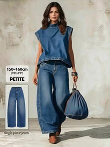LUMIGAL Petite Women's Wide Leg Loose Casual Versatile Denim Jeans With Pockets - Blue - View 1