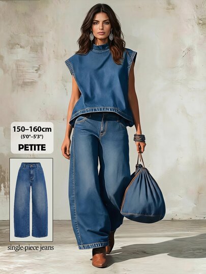LUMIGAL Petite Jeans in denim da donna a gamba larga, ampi, casual e versatili con tasche