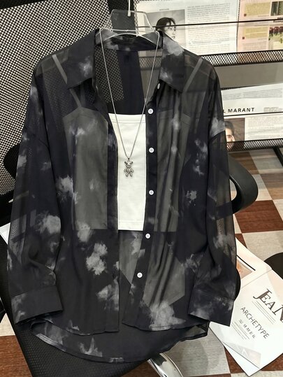 Resyla Plus Size Women's Tie-Dye Drop Shoulder Long Sleeve Single-Breasted Casual Loose Fit Shirt