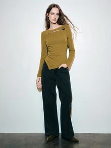 MOTF PREMIUM Women's Solid Color Pleated Casual Daily Long Sleeve T-Shirt - Olive Green - View 1