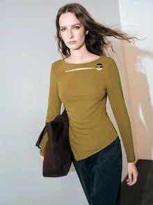 MOTF PREMIUM Women's Solid Color Pleated Casual Daily Long Sleeve T-Shirt - Olive Green - View 2