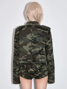 ROMWE Y2K Jaket Denim Ringan Bergaya Punk Nautical dengan Gesper Logam Vintage dan Efek Usang - Hijau Tentara - View 2