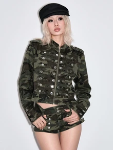 ROMWE Y2K Jaket Denim Ringan Bergaya Punk Nautical dengan Gesper Logam Vintage dan Efek Usang - Hijau Tentara - View 3